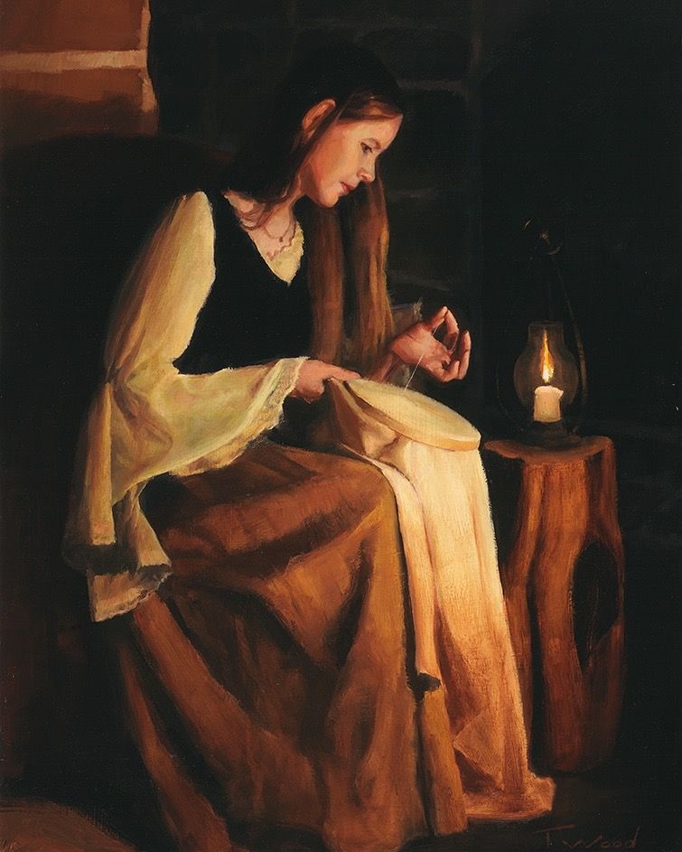 A painting of a woman sitting in front of a candle stitching