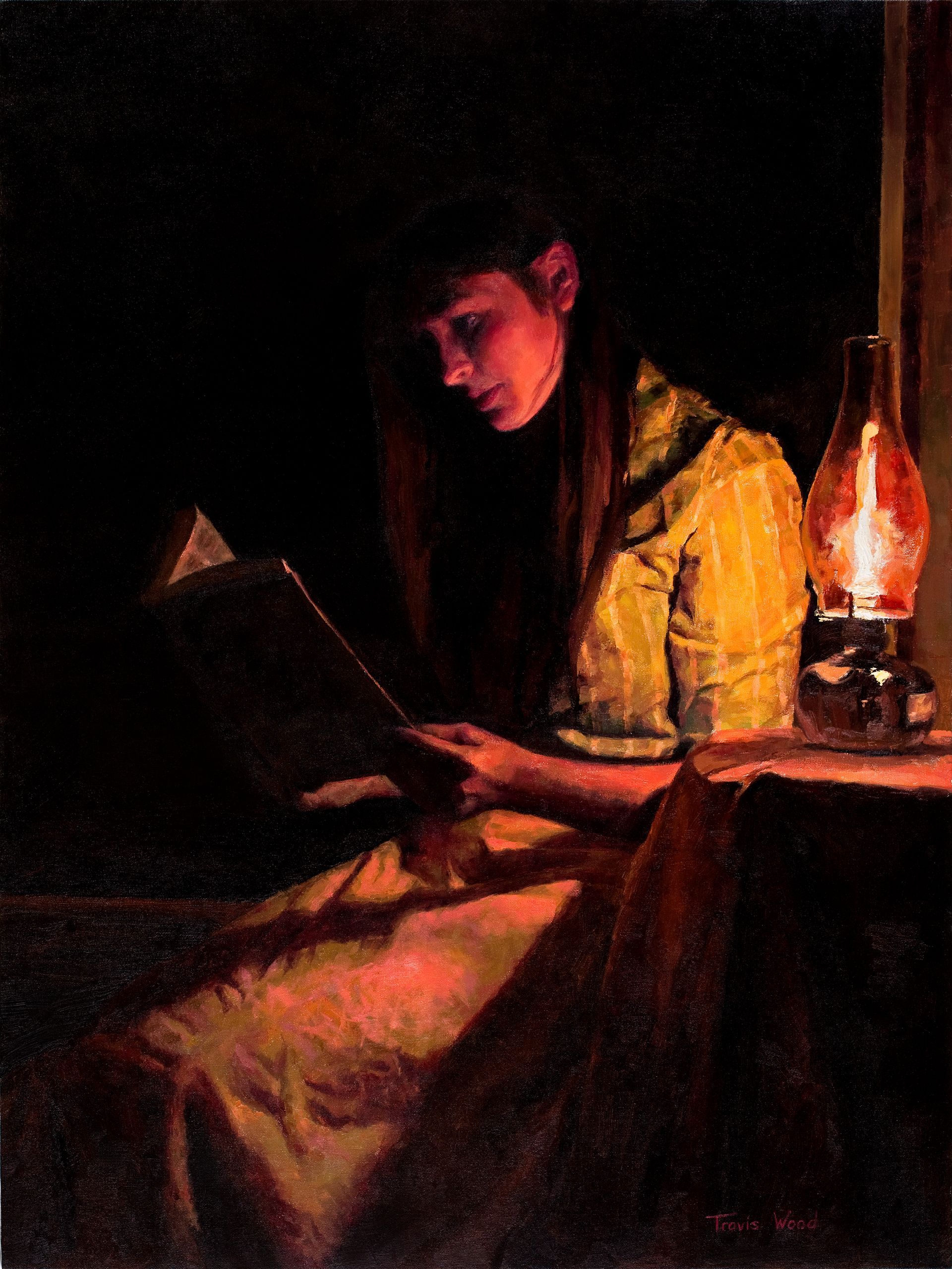 A painting of a woman reading a book in front of a lamp.