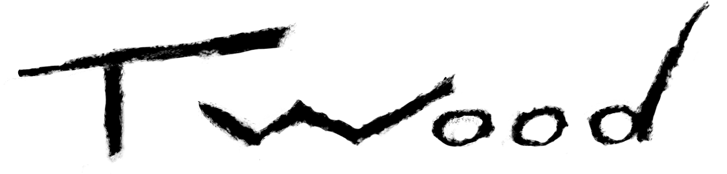 A black and white drawing of the word wood on a white background.