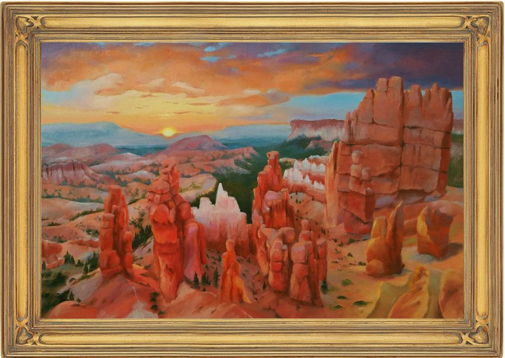 A framed painting of Bryce canyon with a sunset in the background.
