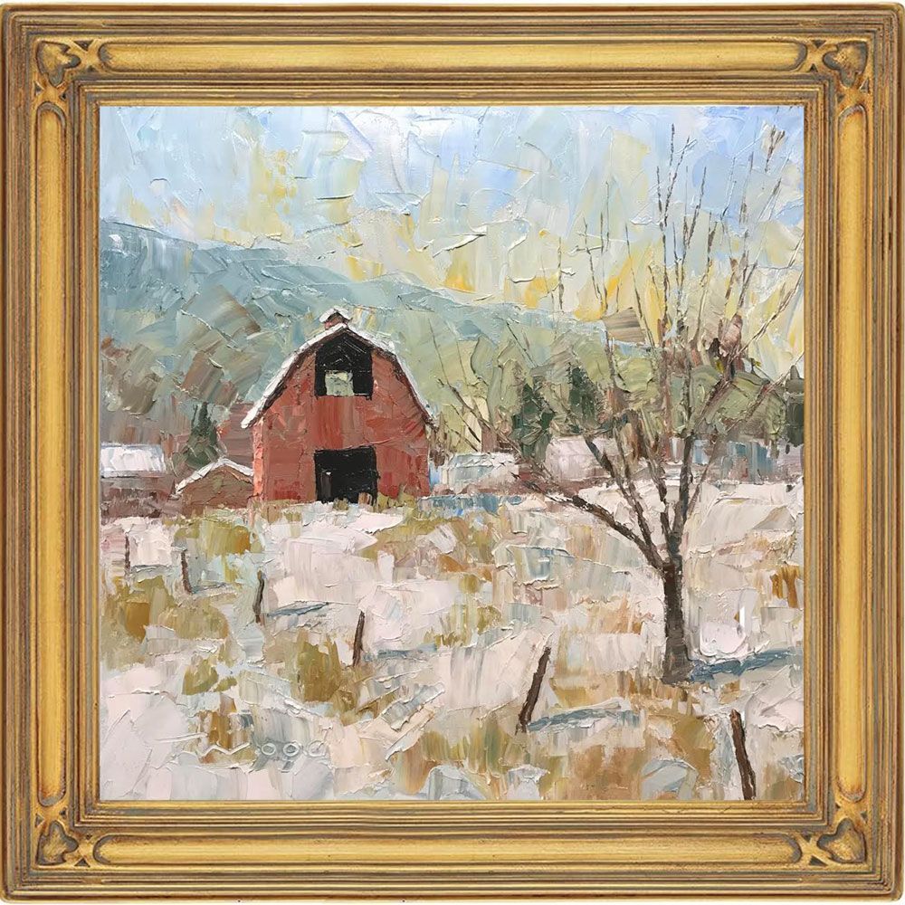 A painting of a red barn in the snow in a gold frame.