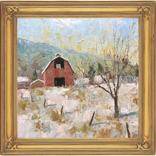 A painting of a red barn in the snow in a gold frame.