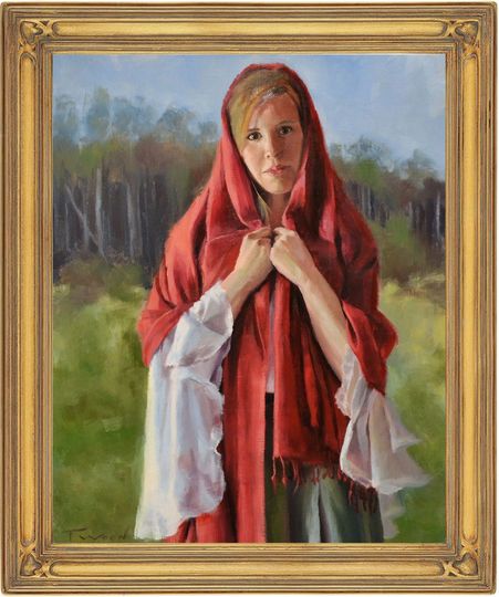 A painting of a woman wearing a red scarf