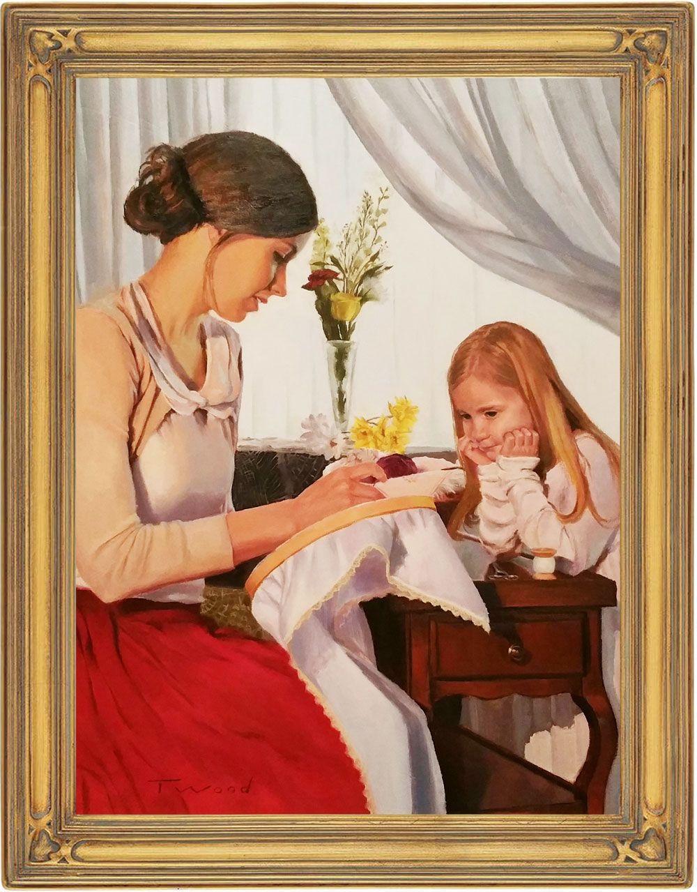 A painting of a woman and a little girl in a gold frame