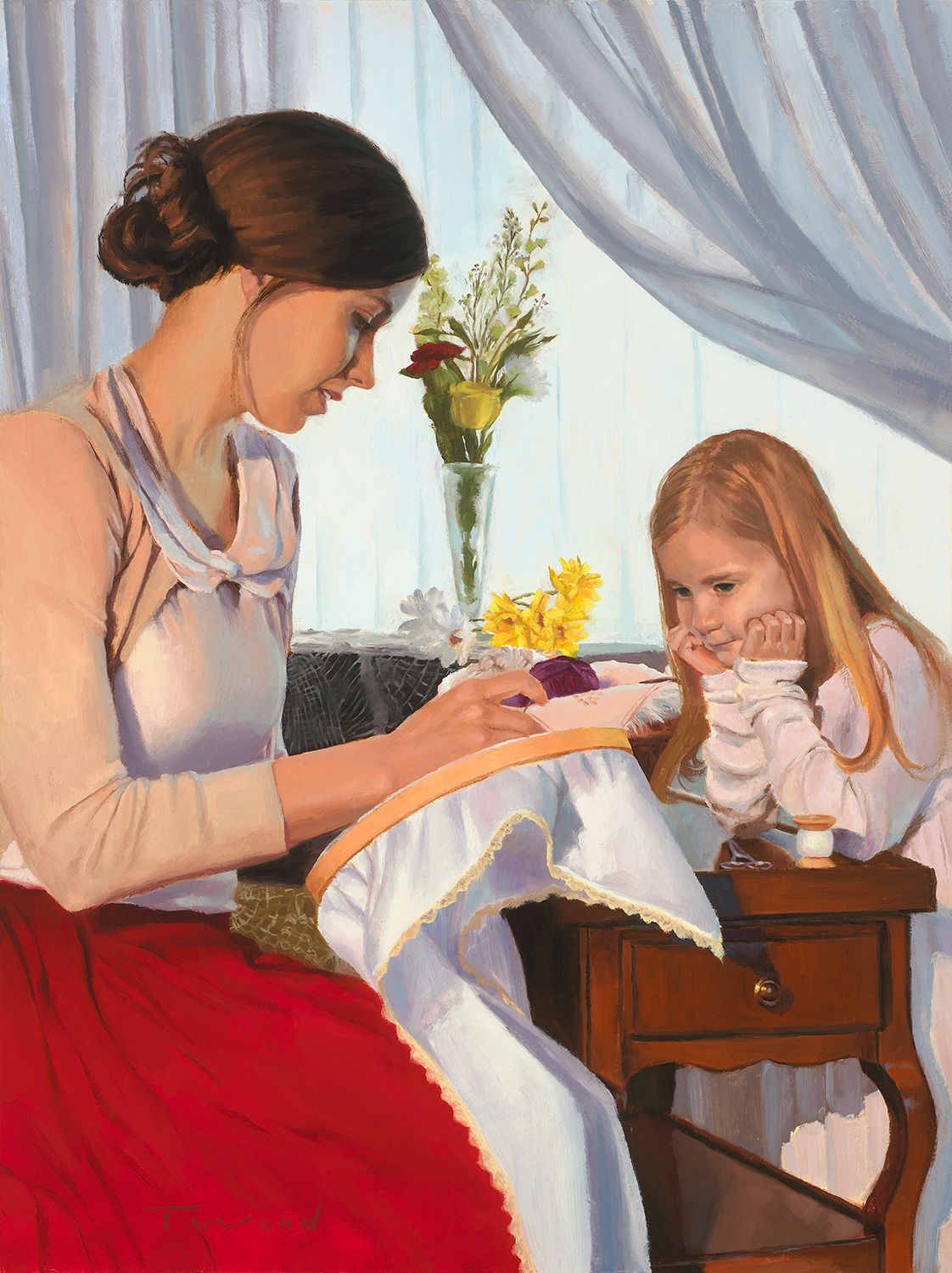 A painting of a woman and a little girl sitting at a table