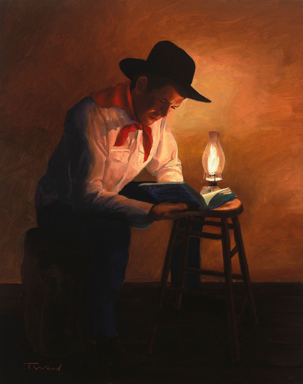 A painting of a man reading a book by a lamp