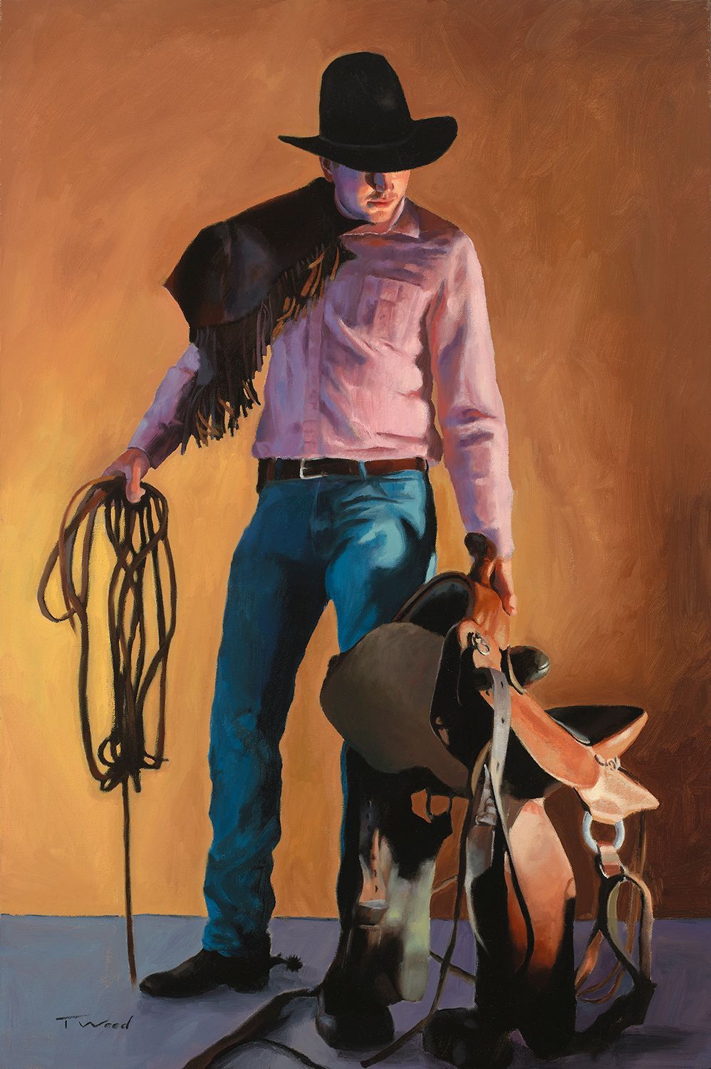 A painting of a cowboy holding a lasso and a saddle.