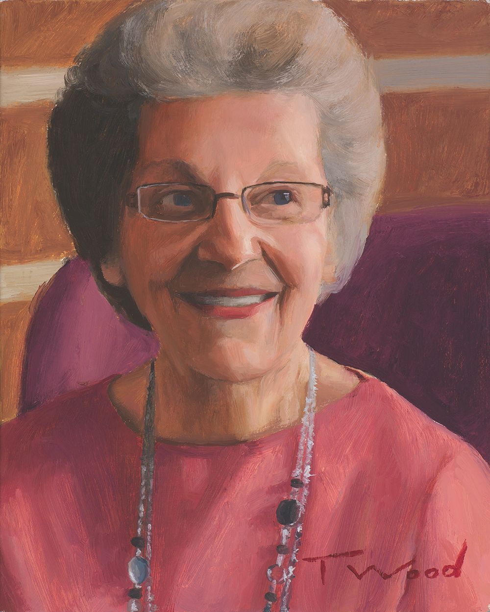 A painting of an elderly woman wearing glasses and a pink shirt