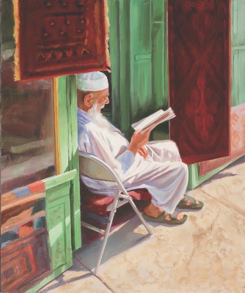 A painting of a man sitting in a chair reading a book