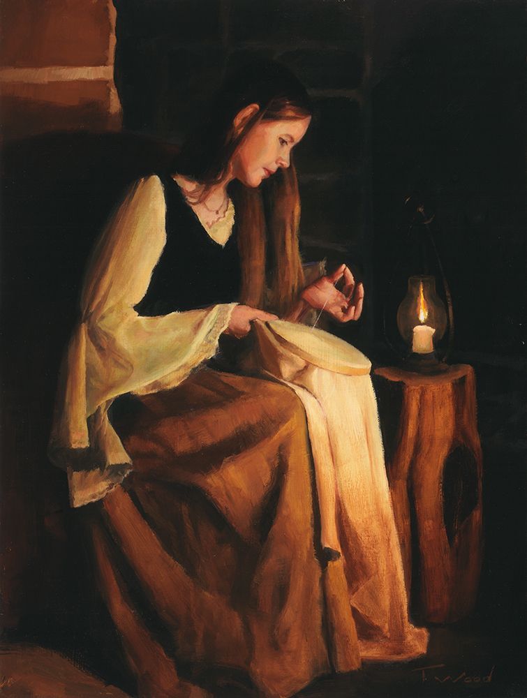 A painting of a woman sitting in front of a candle