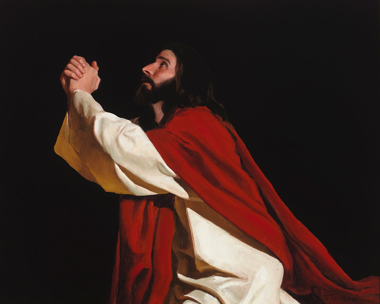 A painting of Jesus praying with his hands folded