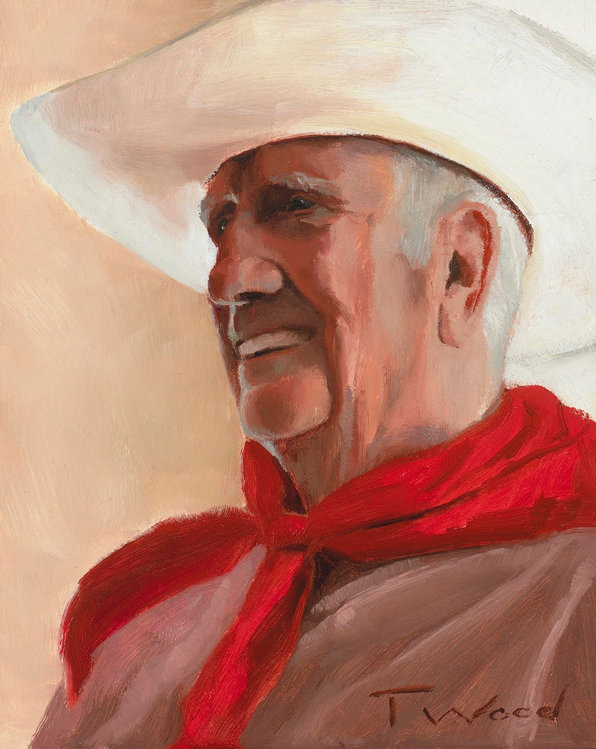 A painting of a man wearing a cowboy hat and a red scarf.