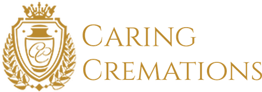 Gold Caring Cremations logo with crest emblem and serif text on a white background