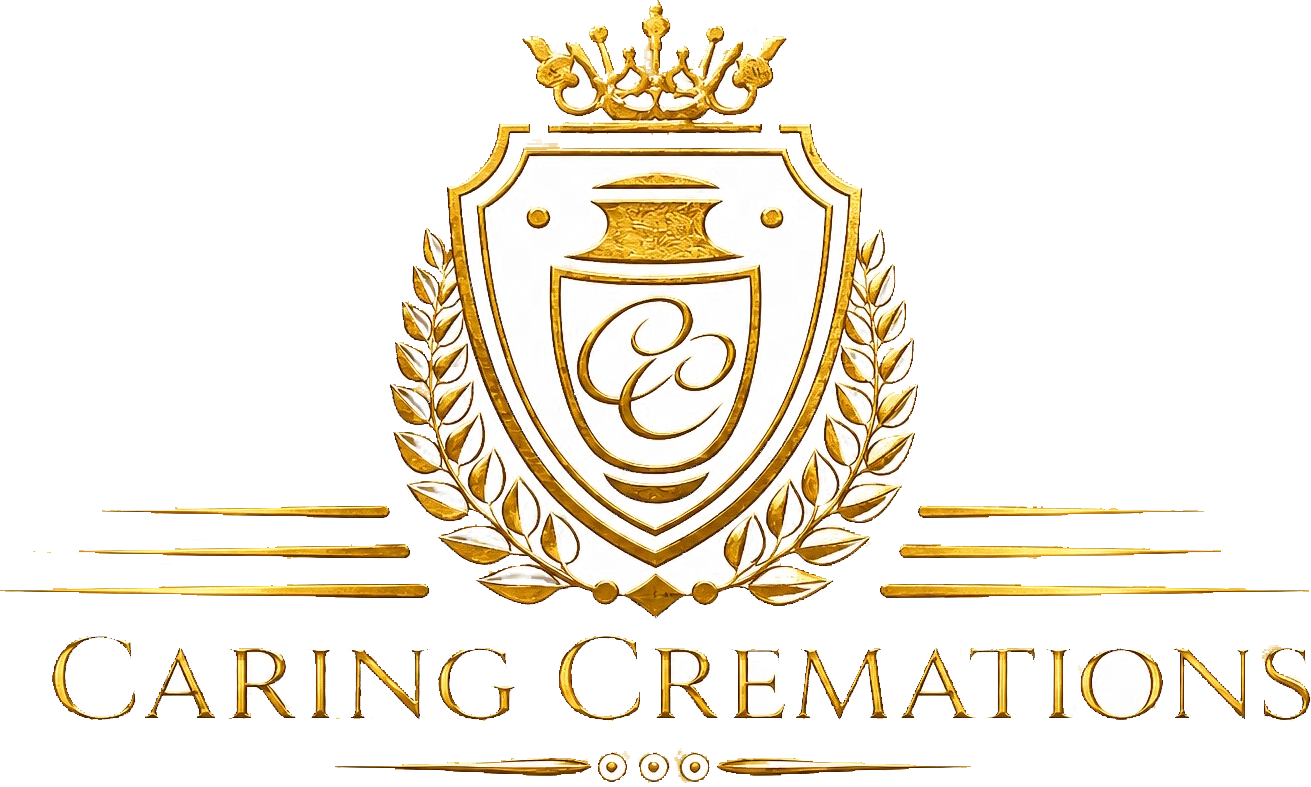 Gold Caring Cremations logo with crown, shield, laurel wreath, and urn emblem