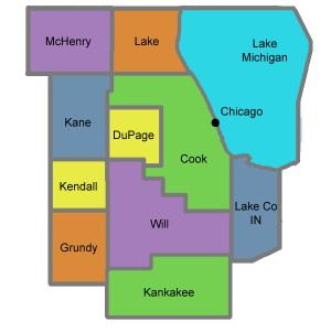 Map of northeastern Illinois counties in different colors, showing Chicago and Lake Michigan.