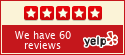 Yelp badge showing five red stars and the text “We have 60 reviews”