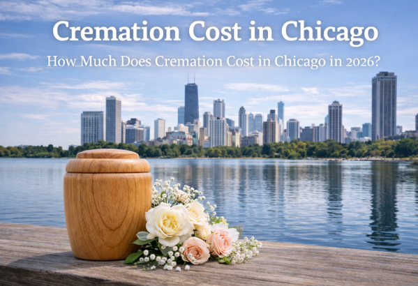 Chicago skyline with a cremation urn and white flowers by the lake under the title “Cremation Cost in Chicago”