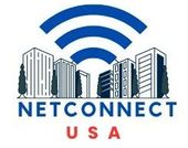 A logo for netconnect usa with buildings and trees in the background.