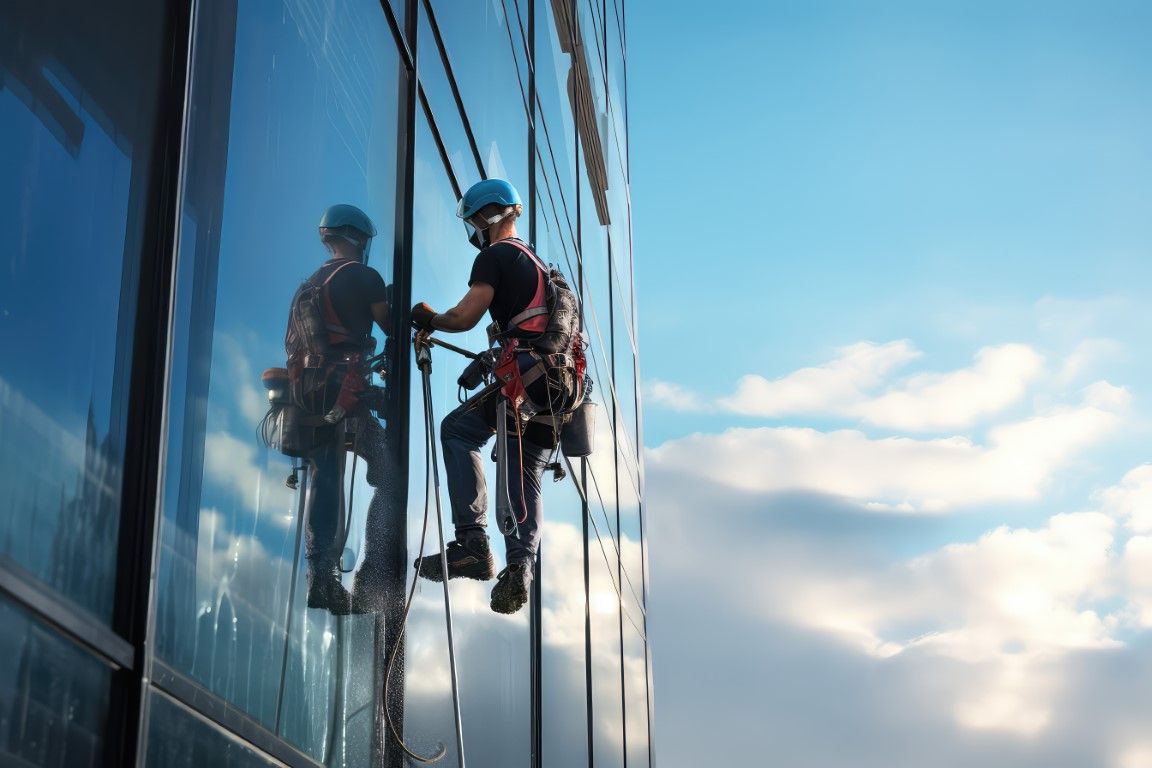 A man is cleaning the windows of a tall building.