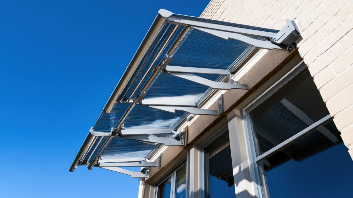 A canopy over a window on a building with a blue sky in the background.