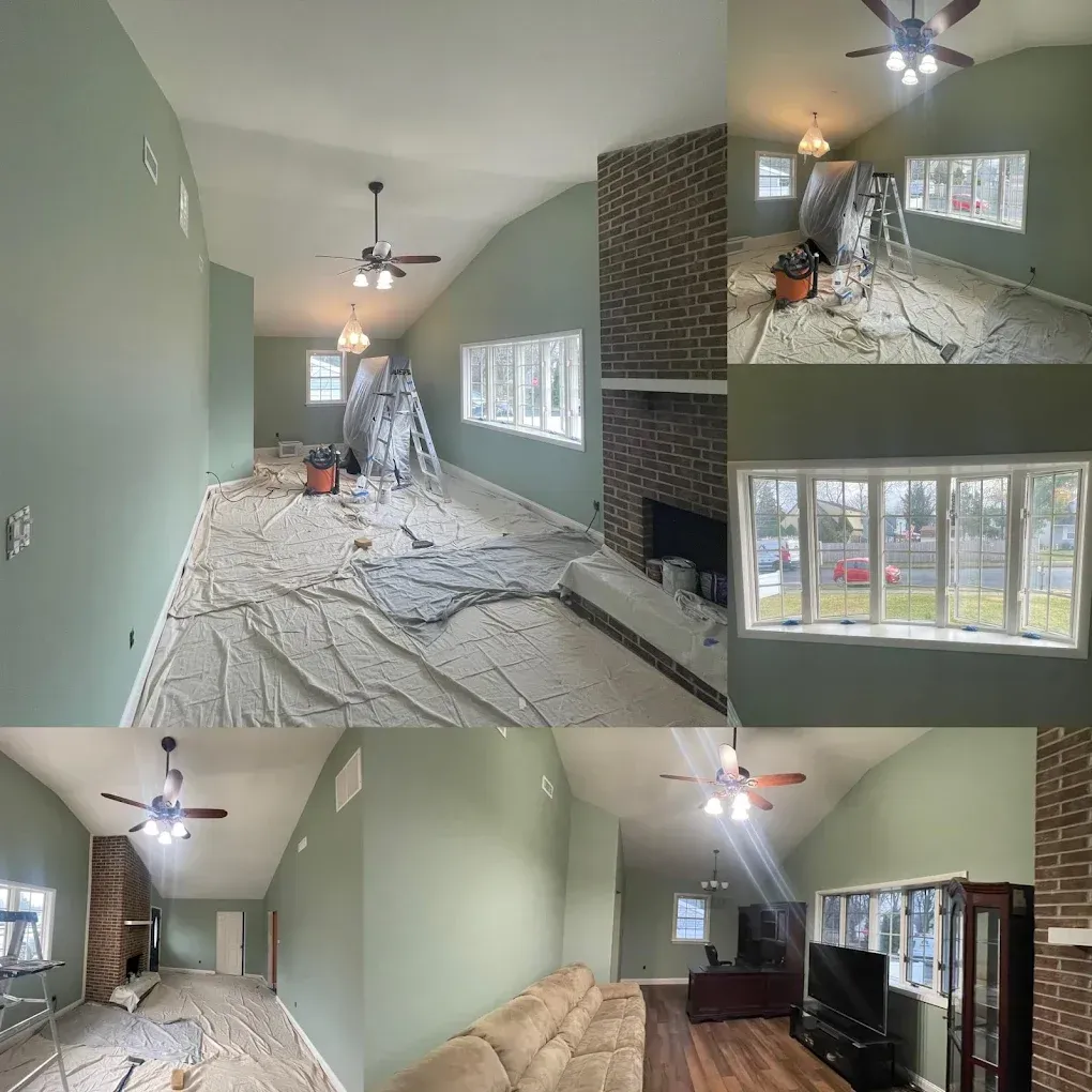 A collage of pictures of a living room being painted