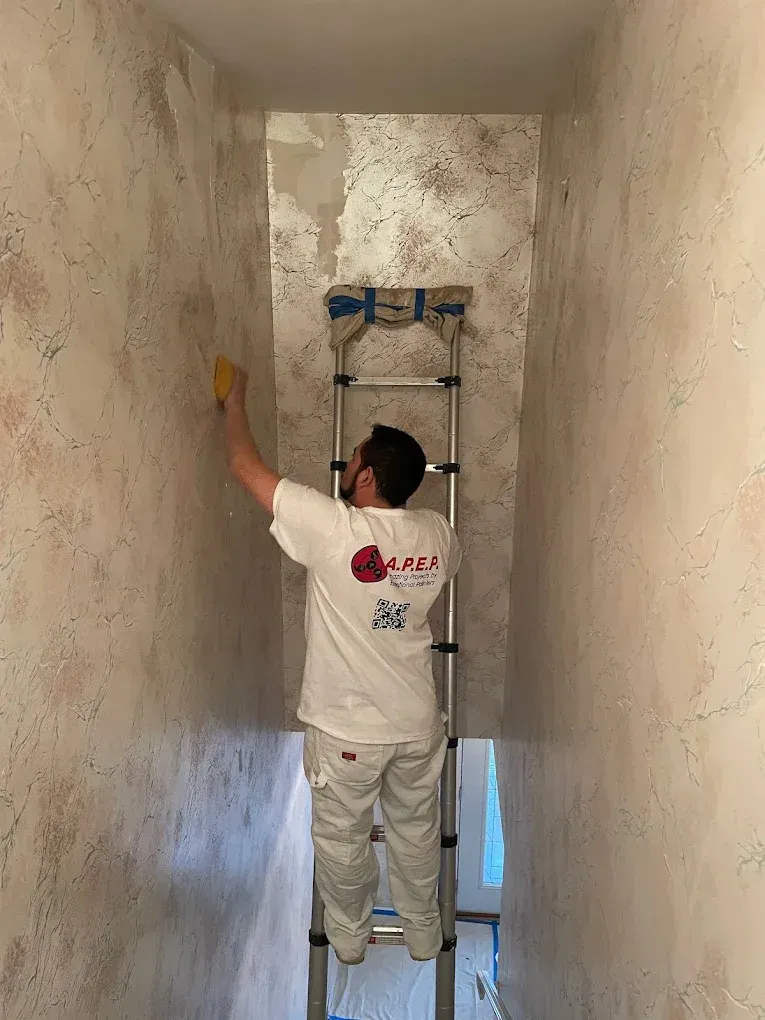 A man is standing on a ladder cleaning a wall.