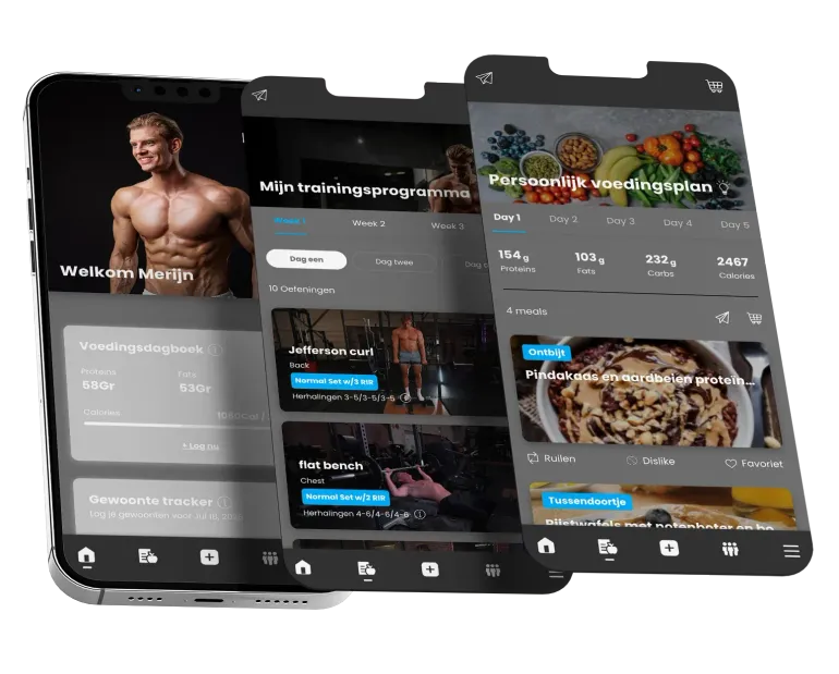 Daily wins app screens dashboard, workout plan, nutrition plan, progress tracker