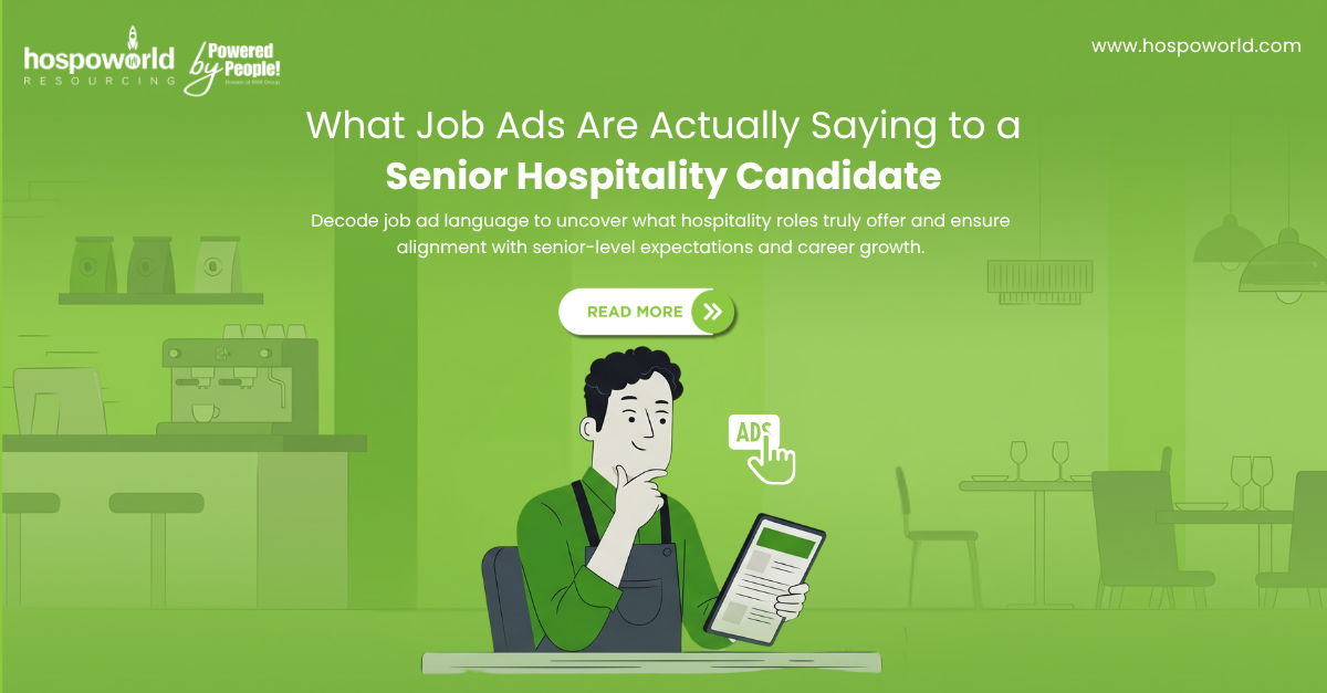 Green infographic showing a stressed job candidate reading a hospital job ad on a phone, with laptop on desk