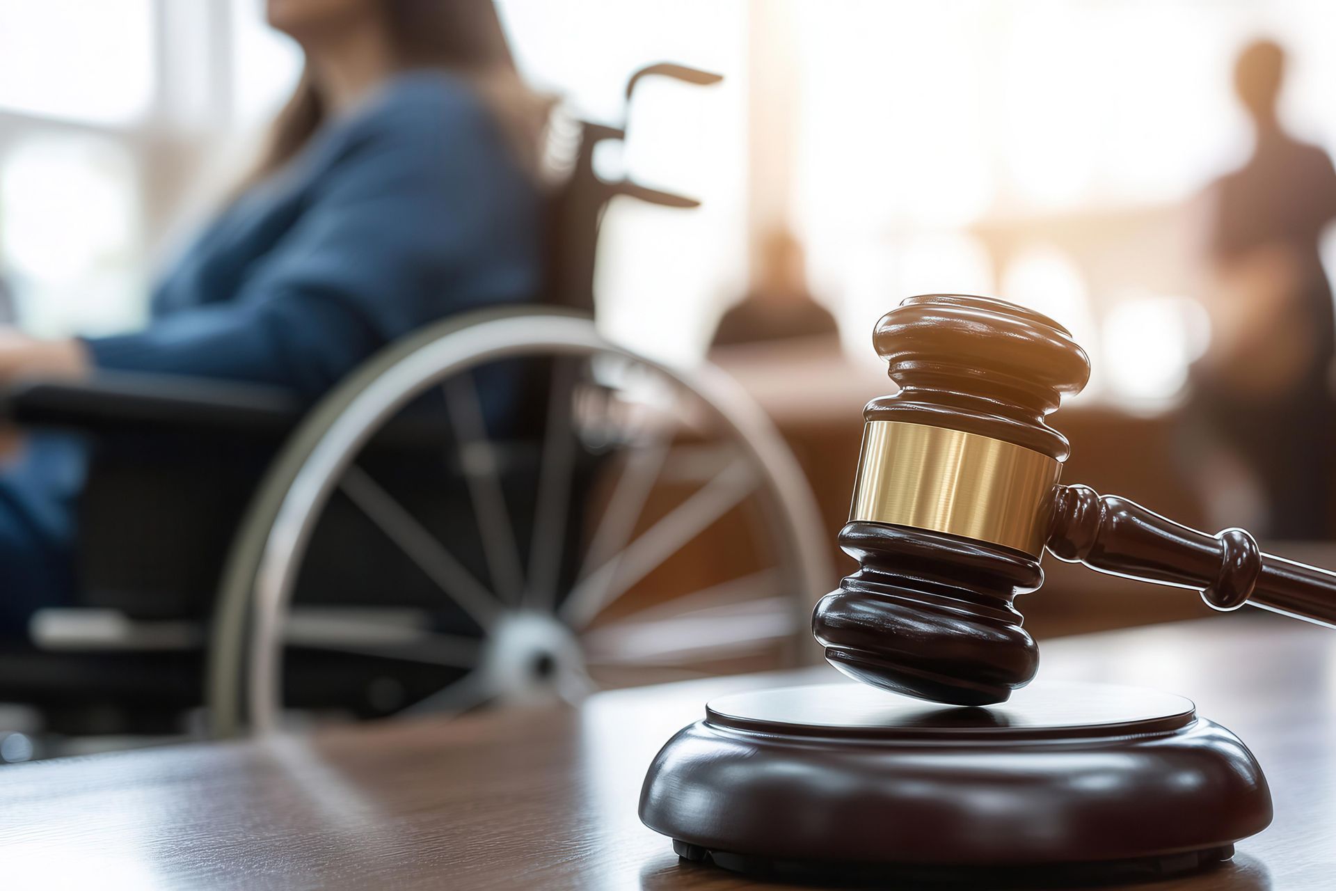 Social security disability lawyer concept with wooden gavel and wheelchair.