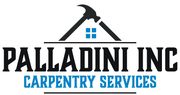The logo for palladini inc carpentery services has a hammer and a house on it.