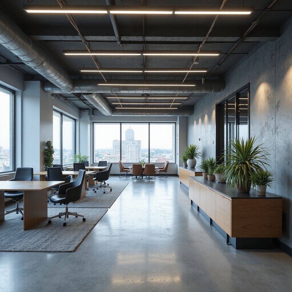 Modern open-plan office with desks, lounge seating, plants, and city view through large windows