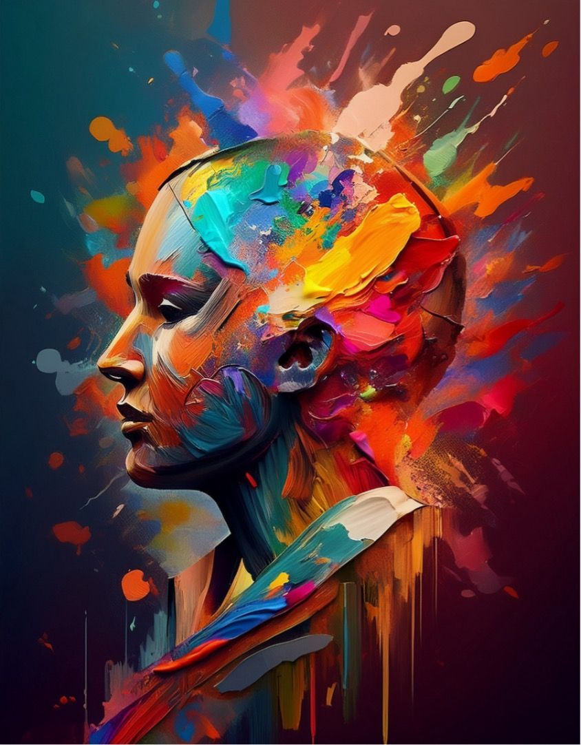 Il profilo della testa è schizzato di vernice colorata; tonalità arancioni, blu e gialle.