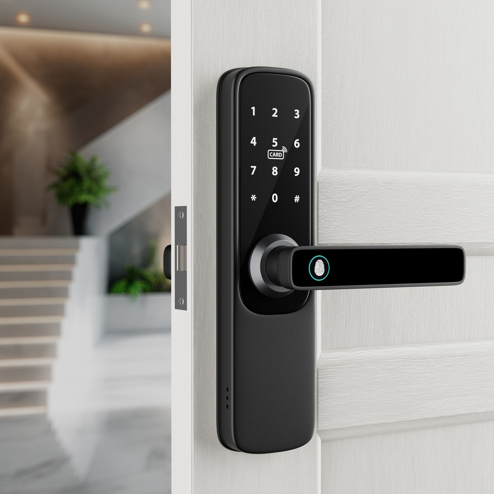 Black smart door lock with keypad and fingerprint scanner on white door; stairs and plant in background.