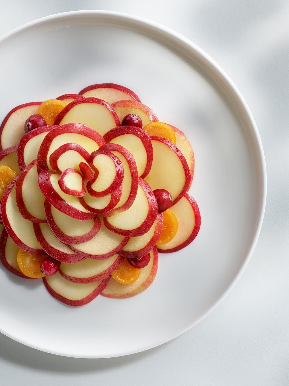 Apple and tangerine slices arranged in a flower shape on a white plate, cranberries scattered. Food Stylist Nadine Page.