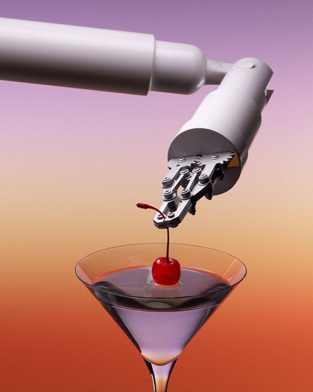 Robot arm placing a cherry into a martini glass against a gradient purple-orange background. Food Stylist Nadine Page.