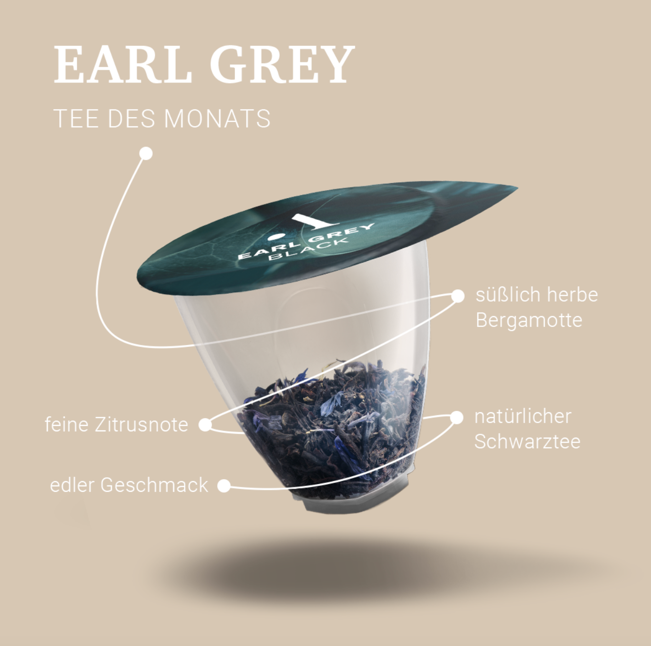 Earl Grey tea capsule, tan background.  Black tea leaves in a clear cup. Text labels highlight citrus and bergamot notes. Food Stylist Nadine Page.