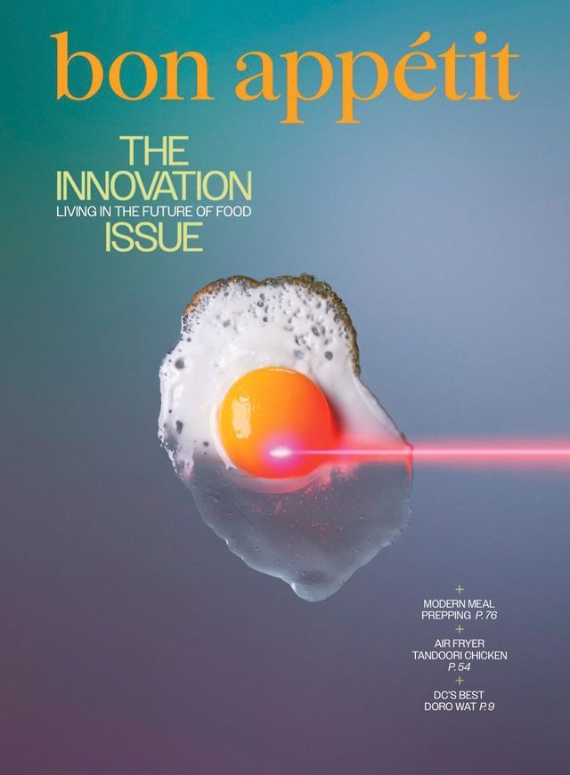 Bon Appetit magazine cover with an egg and a red laser. Food Stylist Nadine Page.