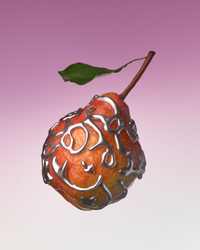 A pear with silver embellishments, a leaf, on a gradient pink background. Food Stylist Nadine Page.