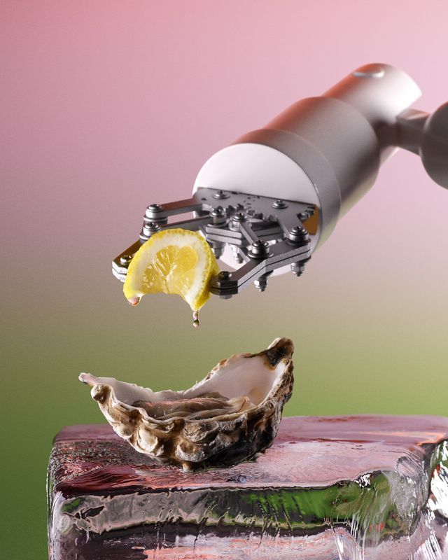 Robot arm squeezing lemon juice onto an oyster in an ice cube, colorful background. Food Stylist Nadine Page.