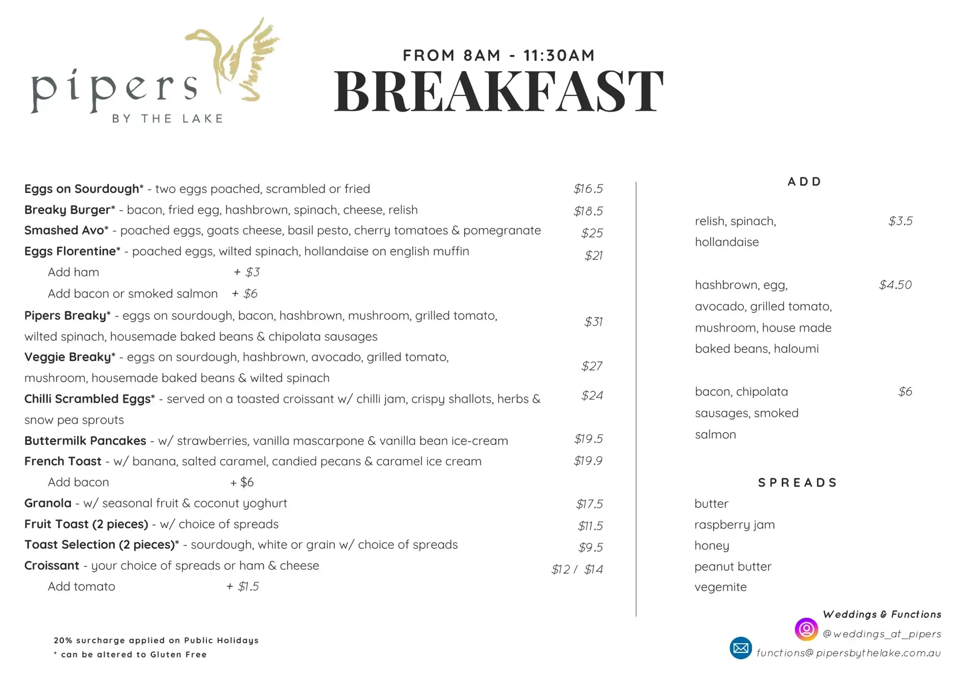 Breakfast Menu - Pipers by the Lake Cafe - Ballarat