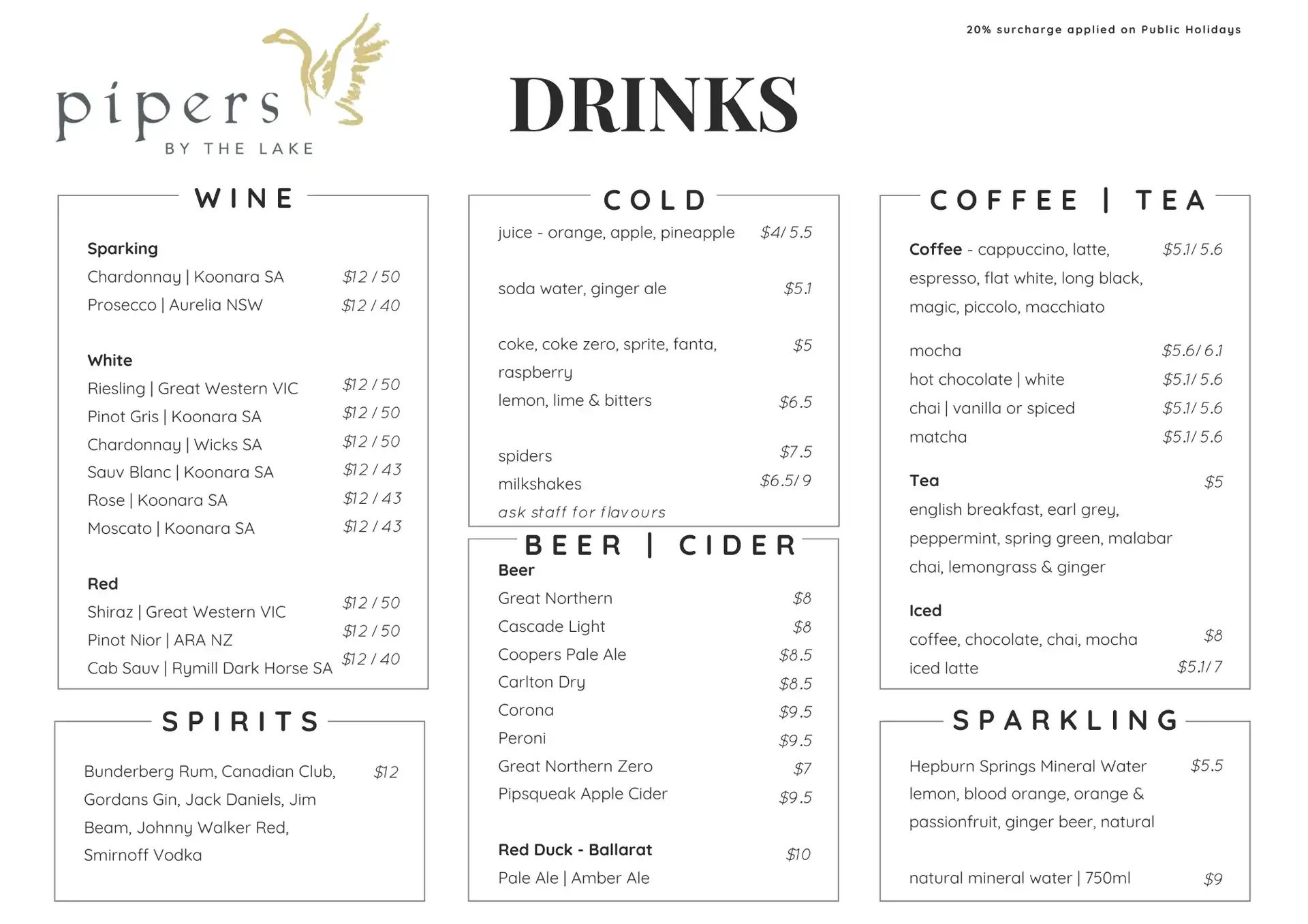 Drinks Menu - Pipers by the Lake Cafe - Ballarat