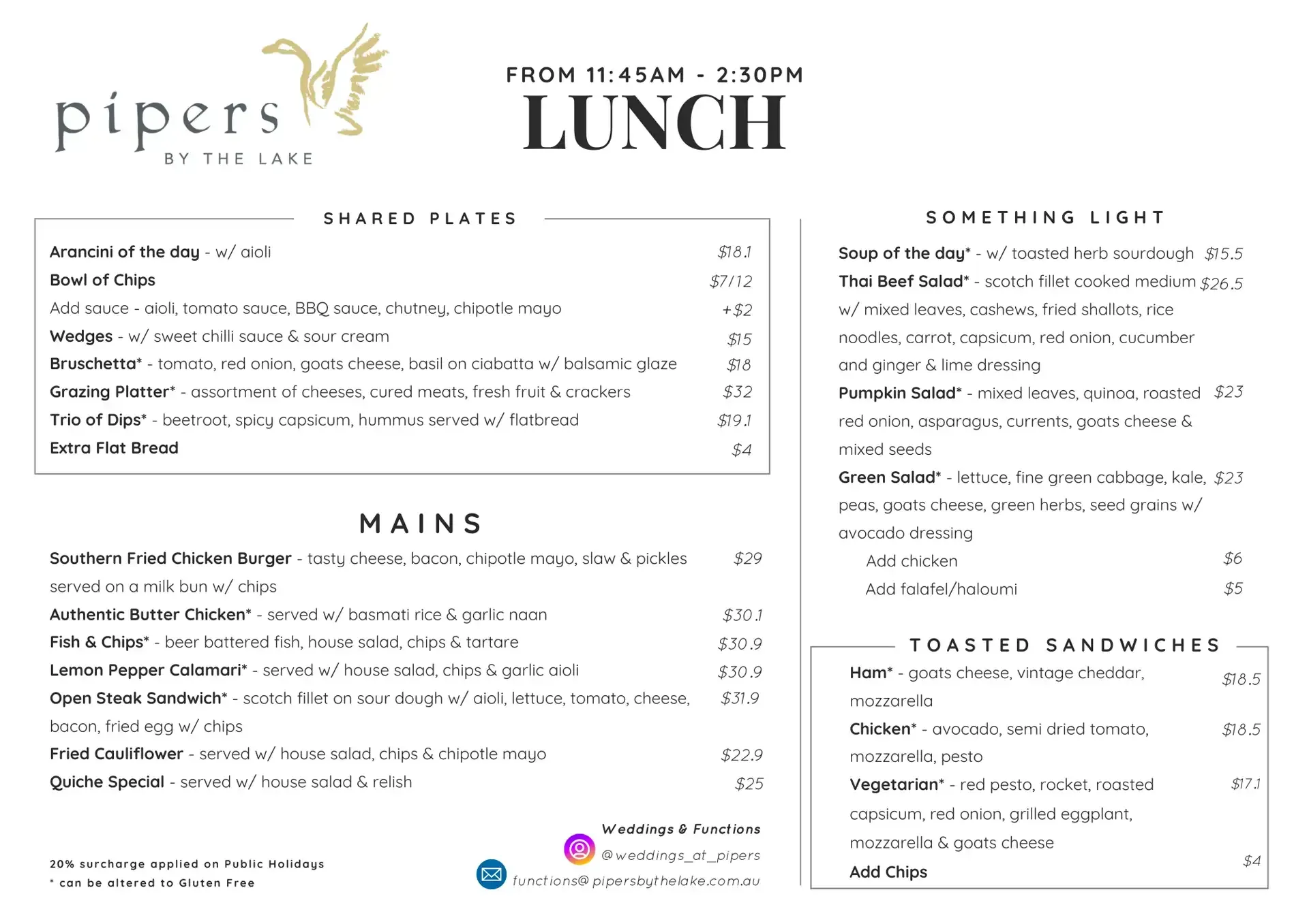 Lunch Menu - Pipers by the Lake Cafe - Ballarat