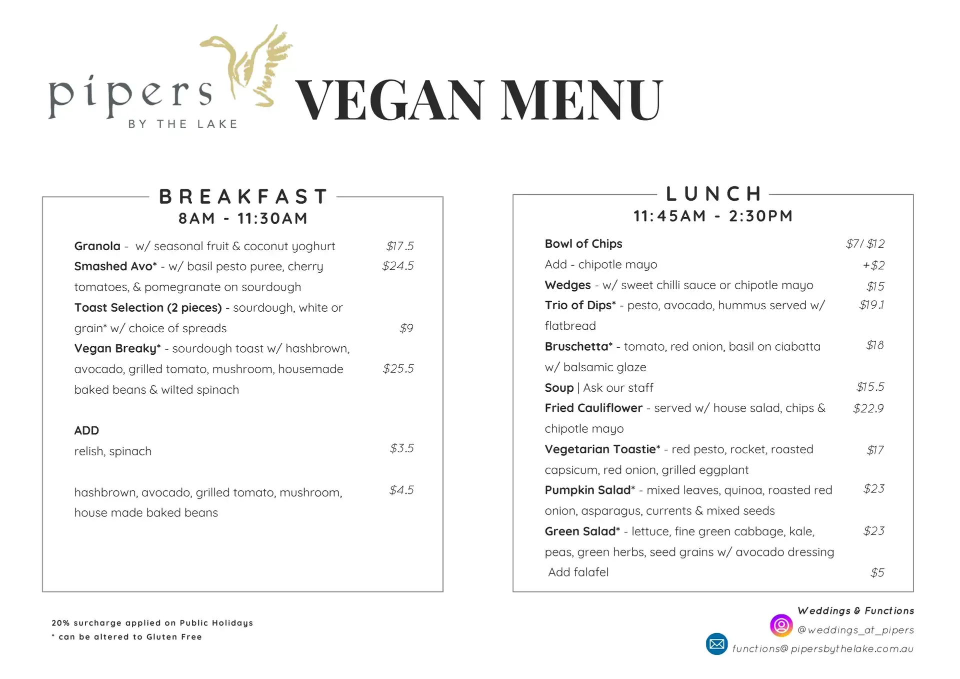 Vegan Menu - Pipers by the Lake Cafe - Ballarat