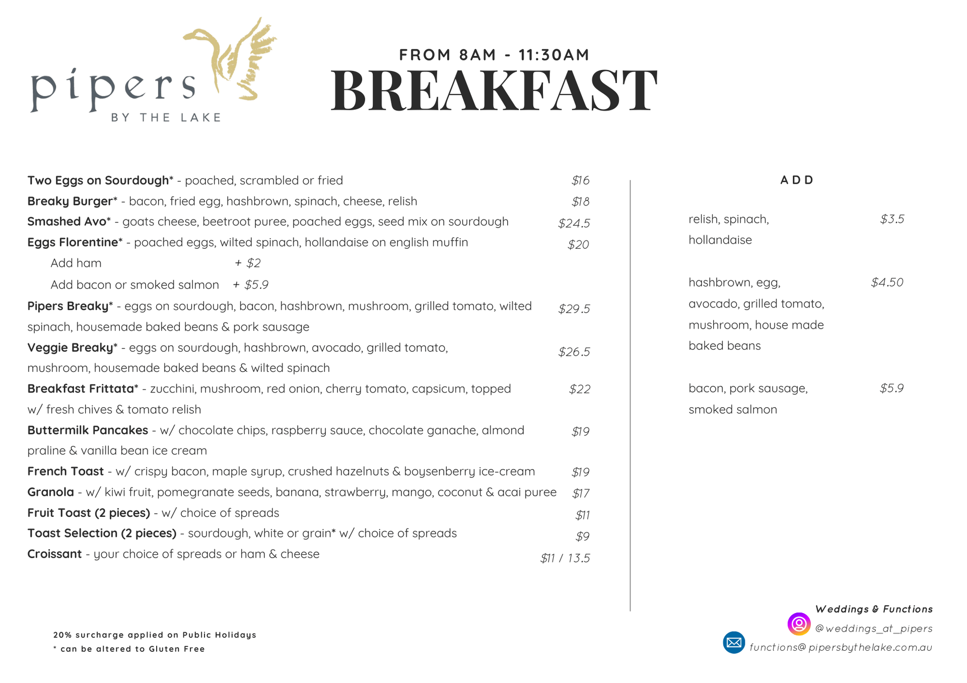 Breakfast Menu - Pipers by the Lake Cafe - Ballarat