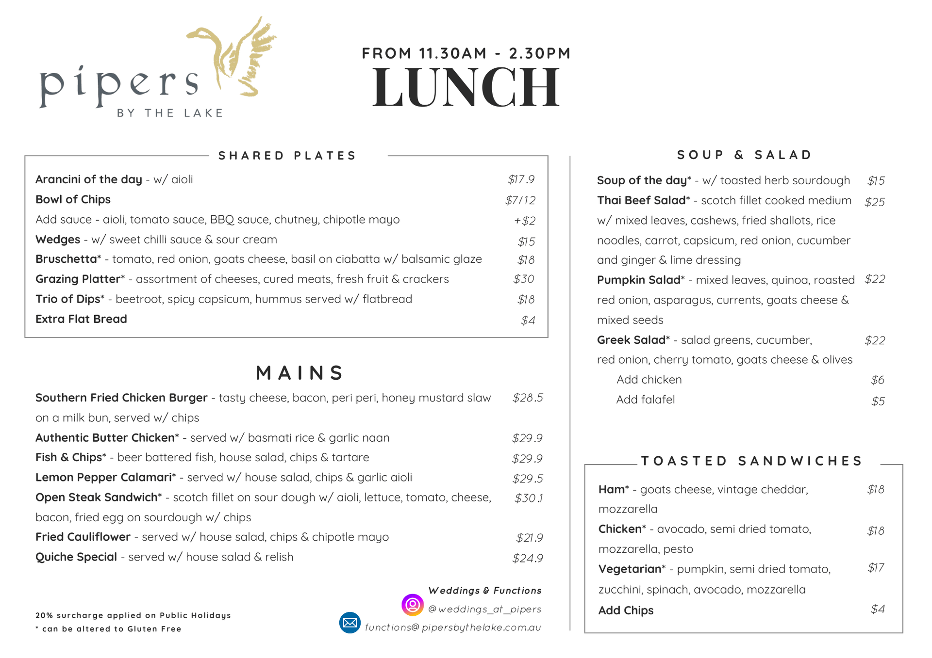 Lunch Menu - Pipers by the Lake Cafe - Ballarat