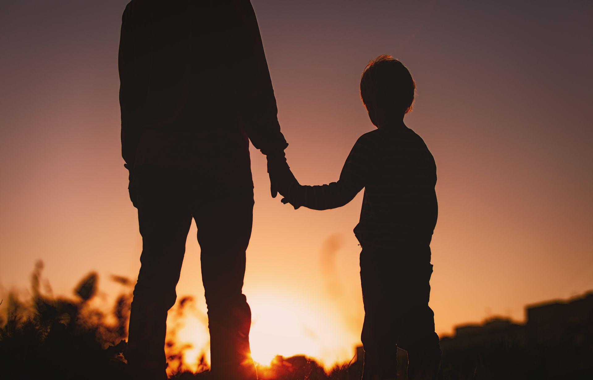 Silhouette of a person holding a child's hand at sunset.