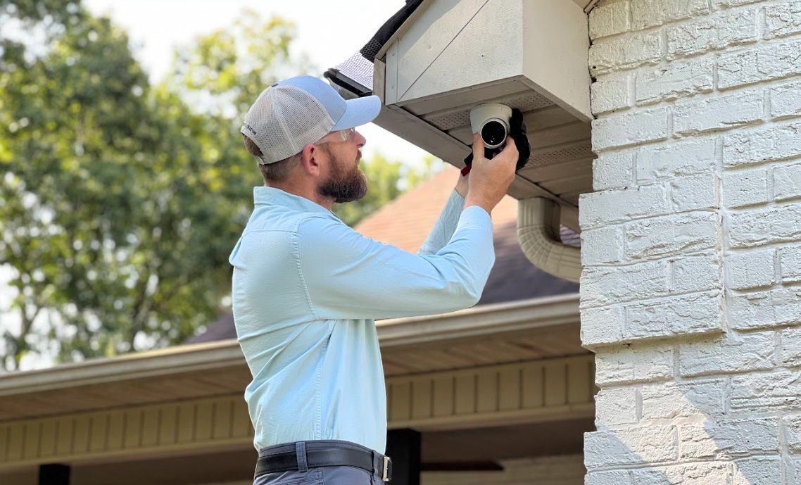 A person in a light blue shirt installing a security camera on a brick wall.