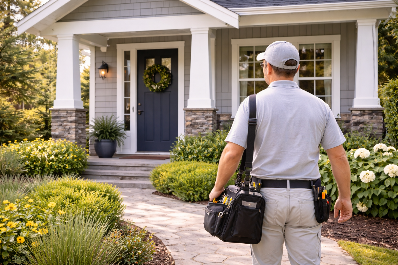 Man in uniform carrying a toolbox approaches a home with landscaping.