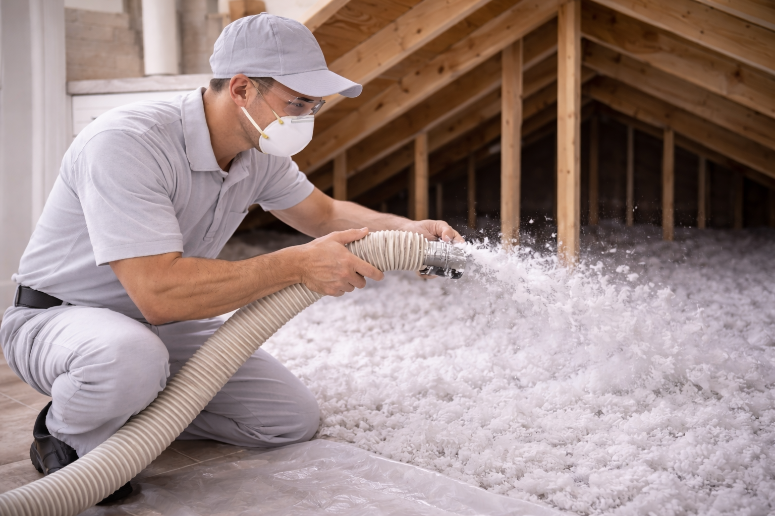 Man in protective gear insulating an attic with a hose, covering the space with white material.