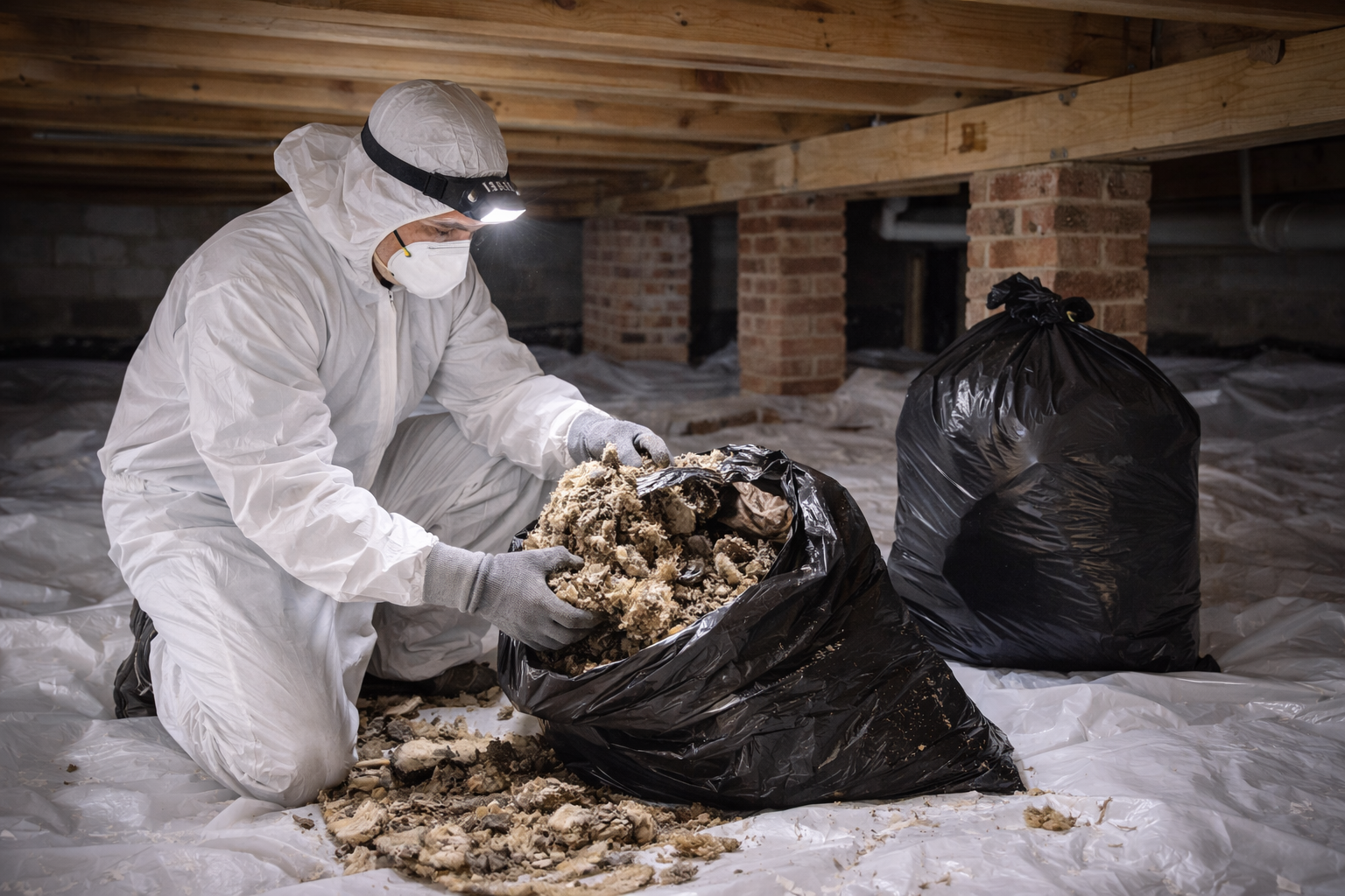 Person in protective suit collecting debris from crawl space.